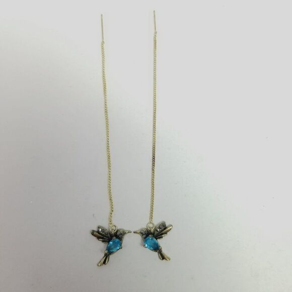 Vintage Hummingbird Threader Chain Earrings, Blue Rhinestone Gold Tone Chain - Picture 2 of 5